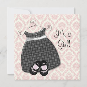Invitación Rosa Negro Vestido Zapatos Damask Rosa Negro Niña