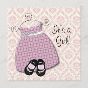 Invitación Rosa Negro Vestido Zapatos Damask Rosa Negro Niña