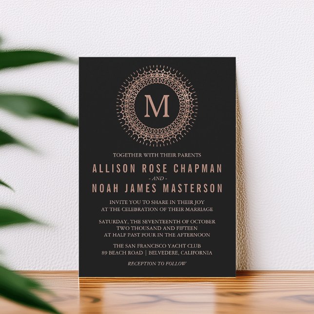 Invitación Rosa negro y falso oro deco Boda de monograma (Subido por el creador)