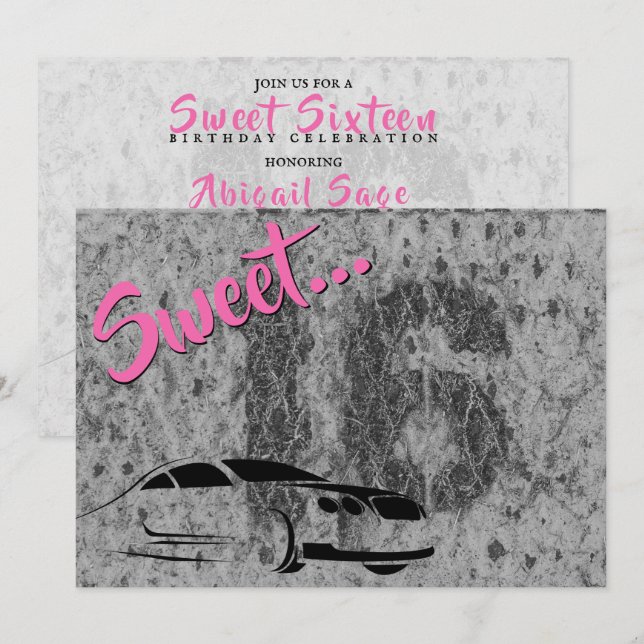 Invitación Rosa, Negro y Grunge con dulce de coche 16 cumplea (Anverso / Reverso)