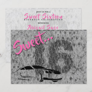 Invitación Rosa, Negro y Grunge con dulce de coche 16 cumplea