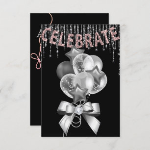 Invitación Rosa negro y plata con globos chica Fiesta