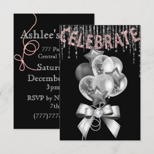 Invitación Rosa negro y plateado con Fiesta chica de los glob