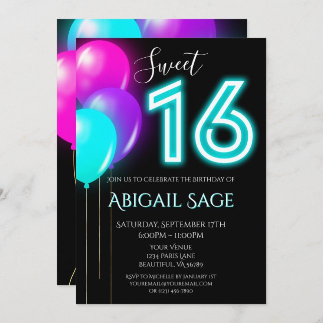 Invitación Rosa Neon, Azul, Morado Dulce Dieciséis Globos (Anverso / Reverso)