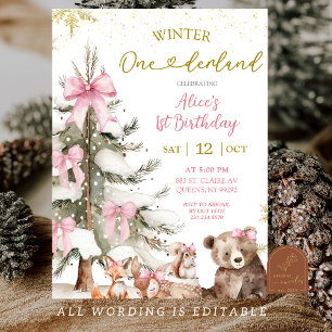 Invitación Rosa nieve invierno Onederland Primer Cumpleaños