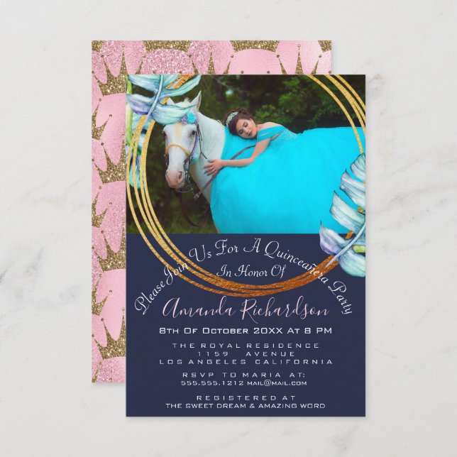 Invitación Rosa Novia Dulce 16º Foto Quinceañera Sirena (Anverso / Reverso)
