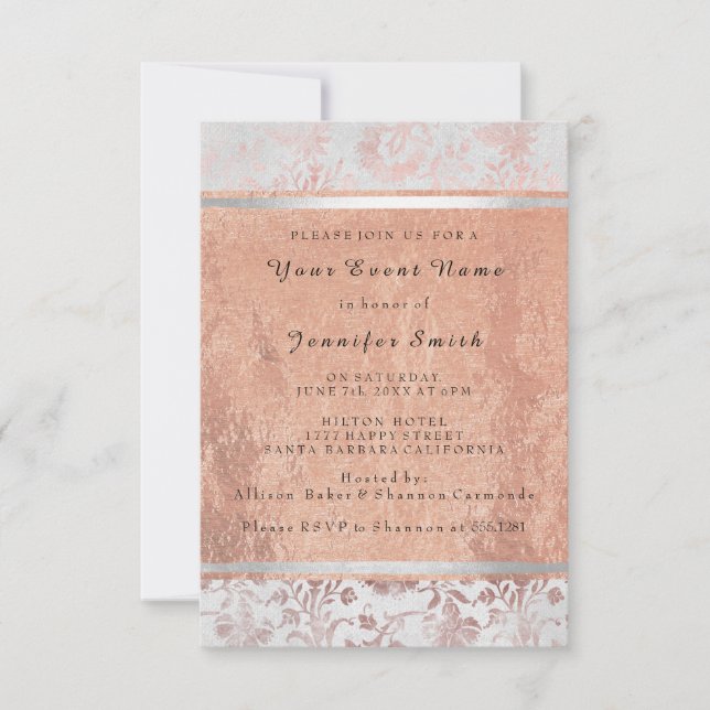 Invitación Rosa Novia Plata Dorada 16ª Cabaña Grungy Damask (Anverso)
