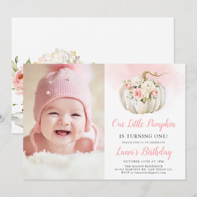Invitación Rosa, nuestra calabaza, foto de primer cumpleaños (Anverso / Reverso)