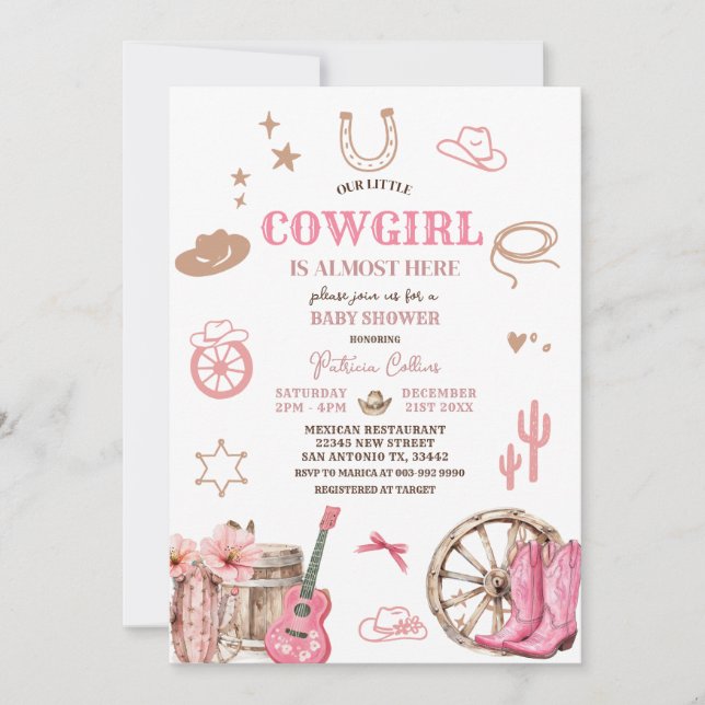 Invitación Rosa Nuestra Niñita Lejana Baby Shower Occidental (Anverso)