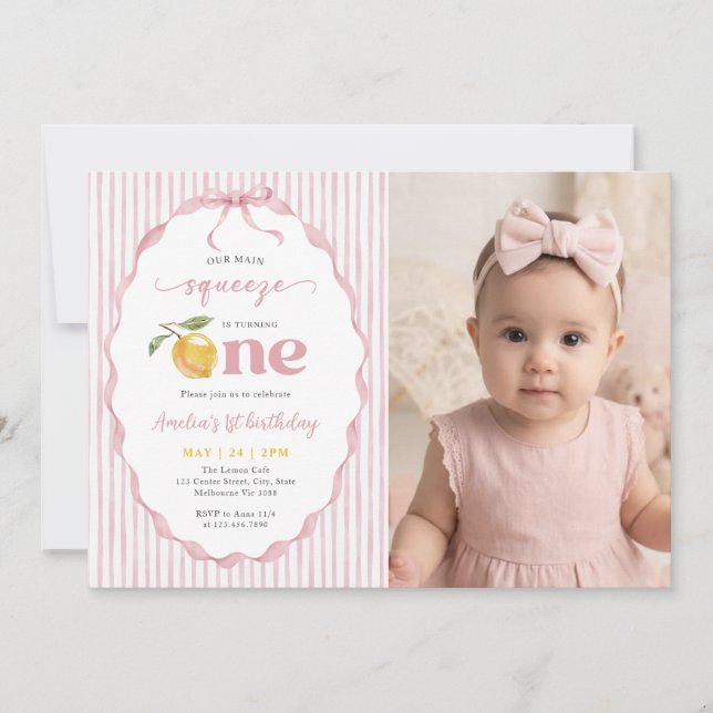 Invitación Rosa Nuestro Limón de Primer Cumpleaños Foto (Anverso)
