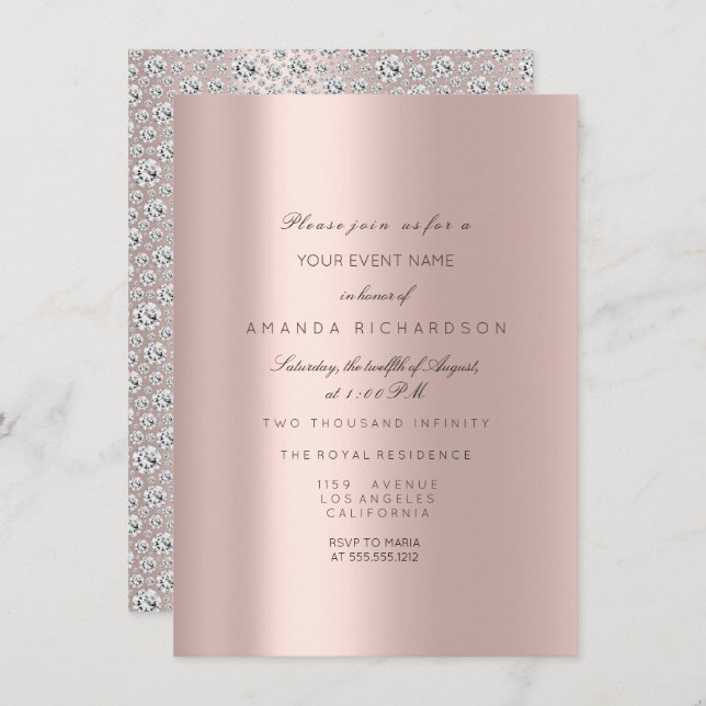 Invitación Rosa Nupcial 16avo Rosa Pastel Diamante (Anverso / Reverso)