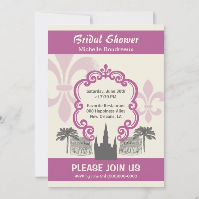 Invitación Rosa nupcial de la ducha de New Orleans del estilo (Anverso)