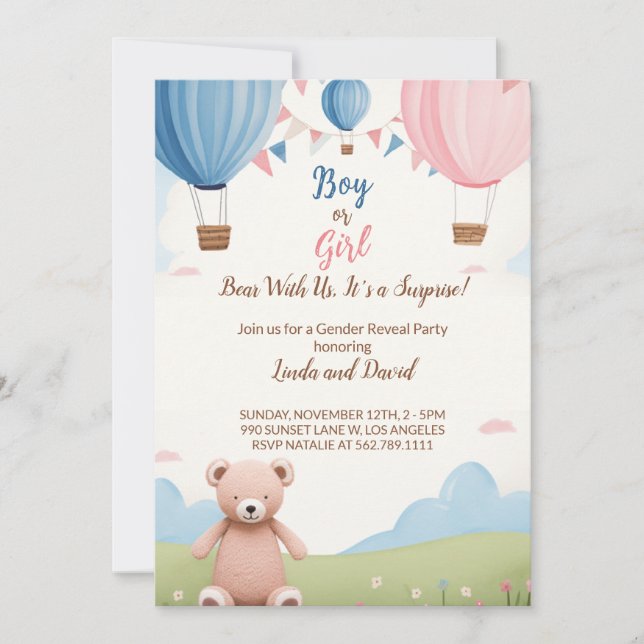 Invitación Rosa o azul: Baby Shower del oso de peluche de niñ (Anverso)