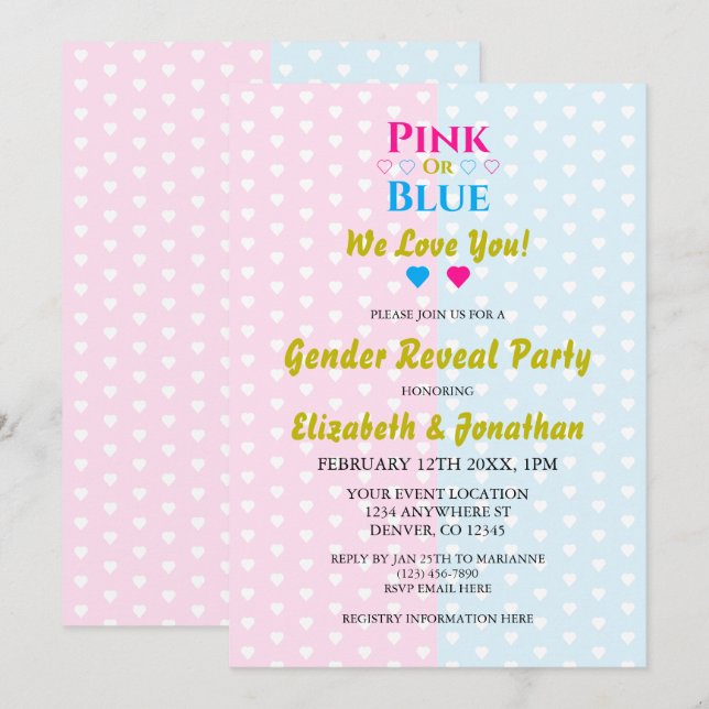 Invitación Rosa O Azul, ¡Te Amamos! Revelación de género (Anverso / Reverso)
