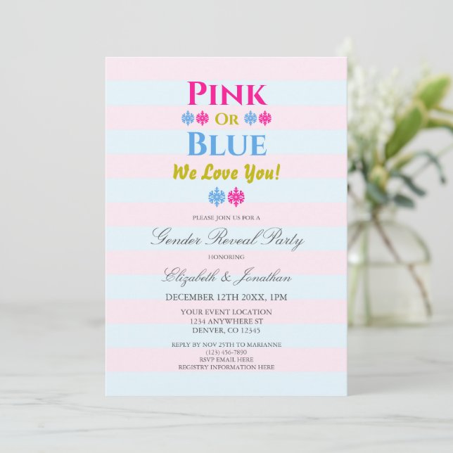 Invitación Rosa O Azul Te Amamos Revelación De Género De Snow (Anverso de pie)