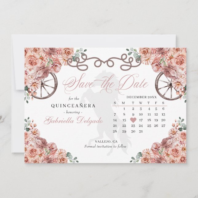 Invitación Rosa Occidental Charro Quinceañera Salva La Fecha (Anverso)