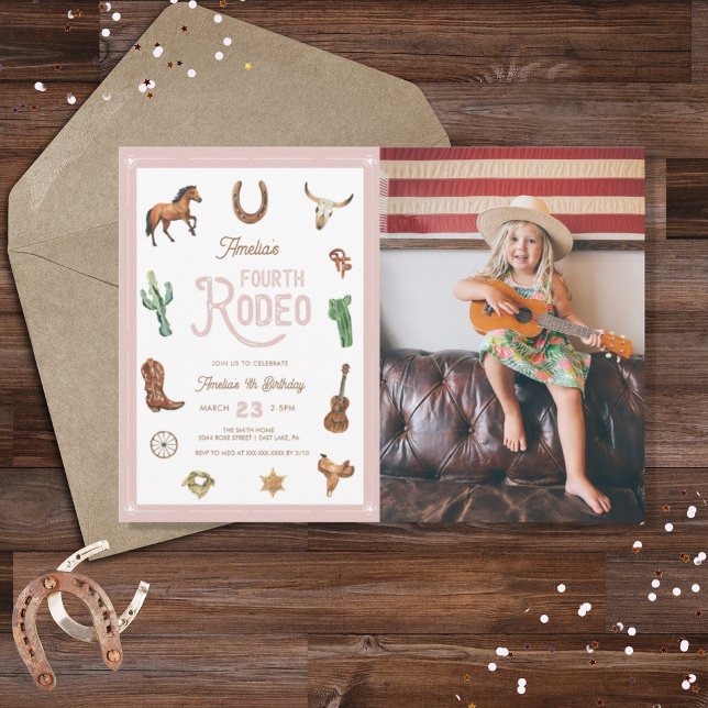 Invitación Rosa Occidental Cuarto cumpleaños Rodeo Niña (Subido por el creador)