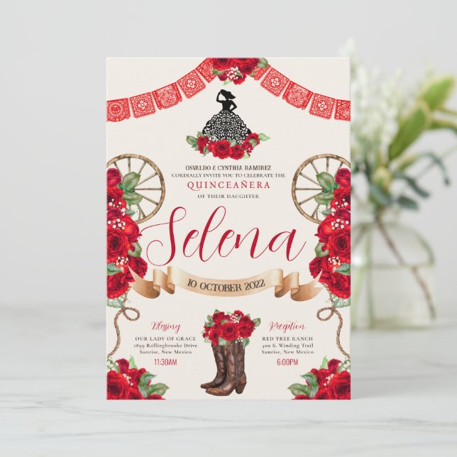 Invitación Rosa occidental del Charro Rojo Quinceanera Papel  (Anverso de pie)