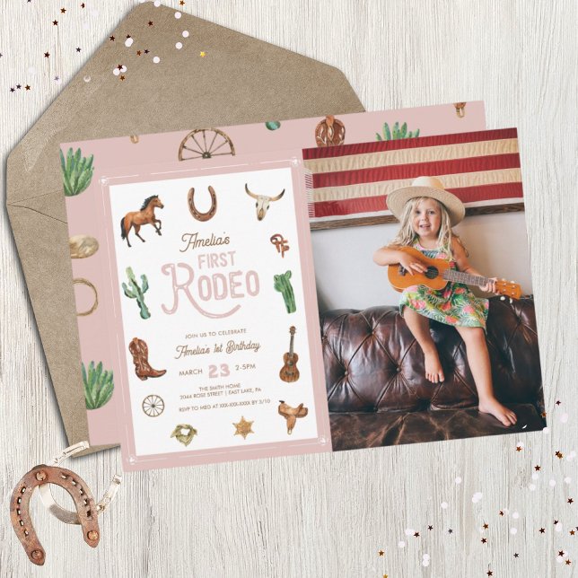 Invitación Rosa Occidental Primer cumpleaños Rodeo Niña Invit (Subido por el creador)