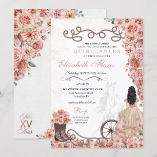 Invitación Rosa Occidental Princesa de Oro Charra Quinceañera