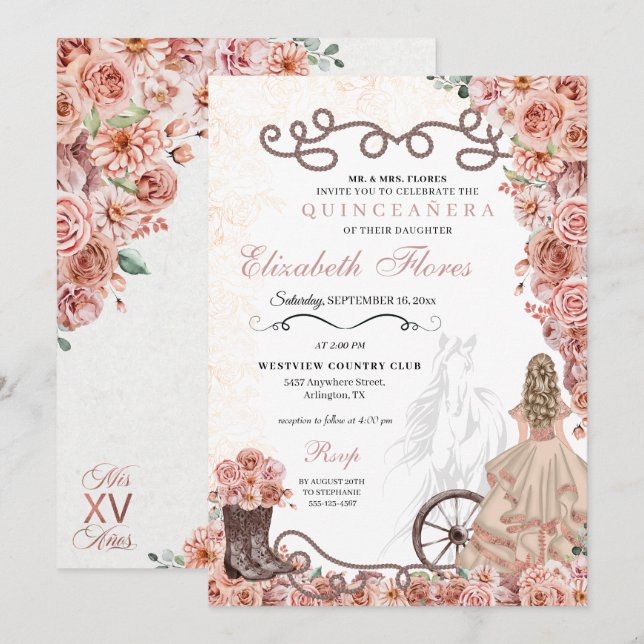 Invitación Rosa Occidental Princesa de Oro Charra Quinceañera (Anverso / Reverso)
