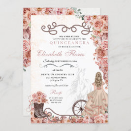 Invitación Rosa Occidental Princesa de Oro Charra Quinceañera