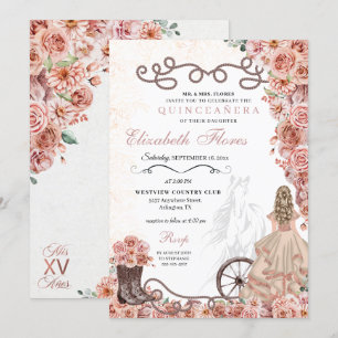 Invitación Rosa Occidental Princesa de Oro Charra Quinceañera
