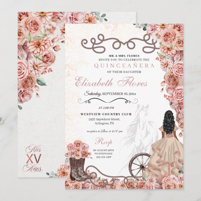 Invitación Rosa Occidental Princesa de Oro Charra Quinceañera (Anverso / Reverso)