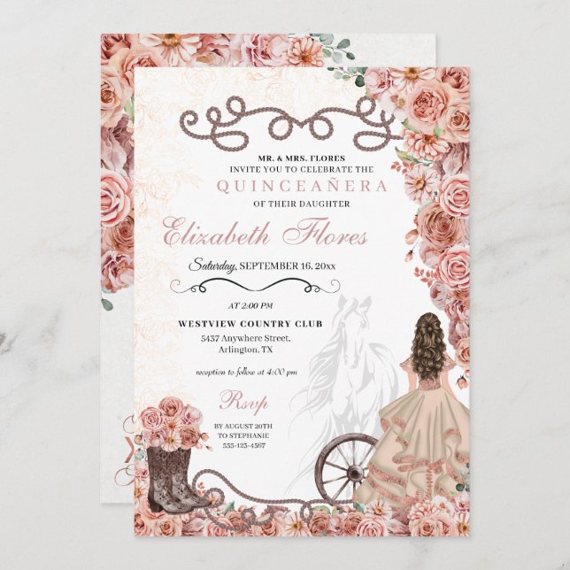 Invitación Rosa Occidental Princesa de Oro Charra Quinceañera (Anverso / Reverso)