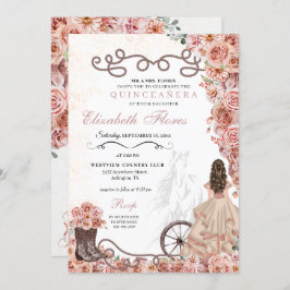 Invitación Rosa Occidental Princesa de Oro Charra Quinceañera