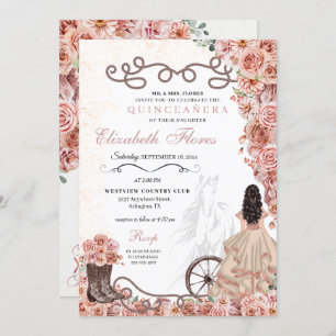 Invitación Rosa Occidental Princesa de Oro Charra Quinceañera