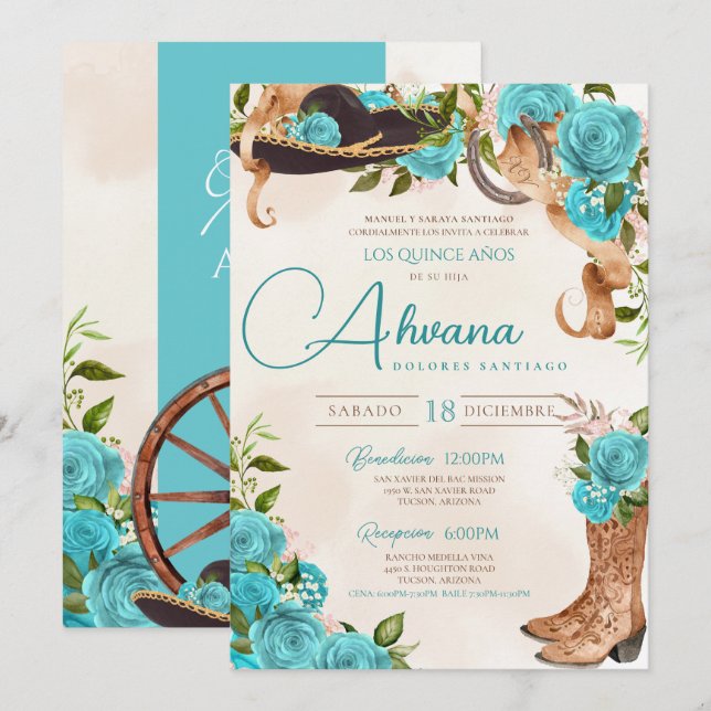 Invitación Rosa Occidental Turquoise Blue Quinceañera Charra (Anverso / Reverso)