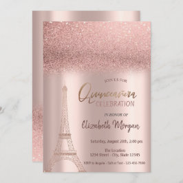 Invitación Rosa Ombre Purpurina Oro, Torre Eiffel Quinceanera