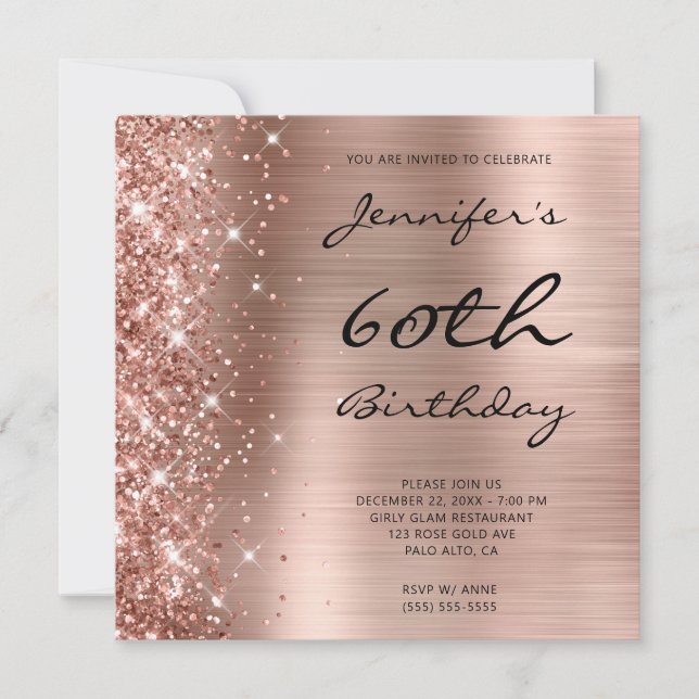 Invitación Rosa Ombre Relieve metalizado Purpurina 60º cumple (Anverso)