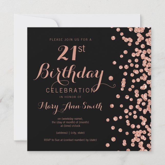 Invitación Rosa Oro 21 Purpurina de cumpleaños Confetti Black (Anverso)