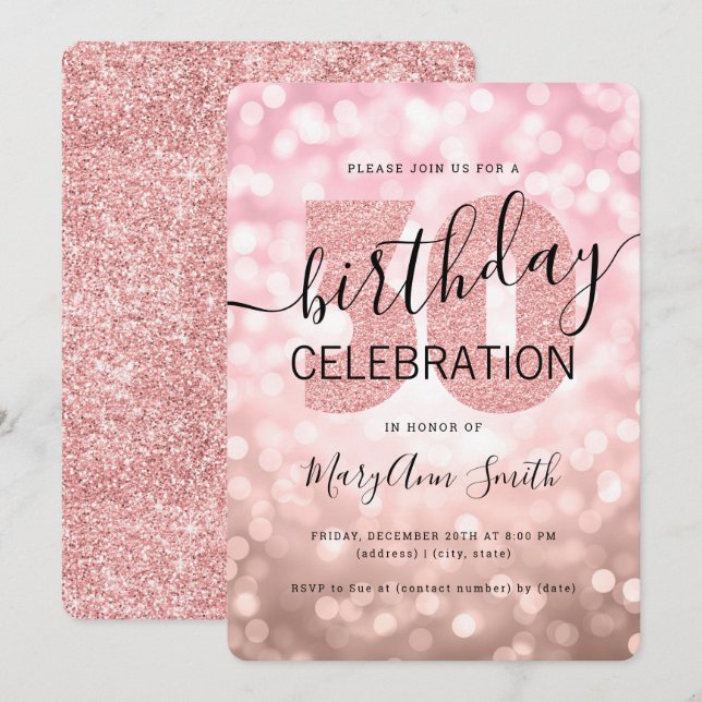 Invitación Rosa Oro 30.ª luz Purpurina de cumpleaños (Anverso / Reverso)