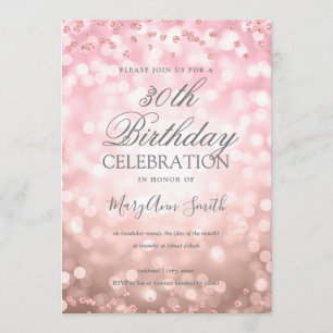 Invitación Rosa Oro 30.º Purpurina de cumpleaños luz de confe