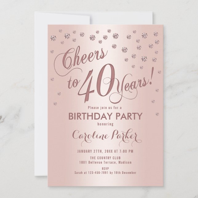 Invitación Rosa Oro 40.º Fiesta de cumpleaños (Anverso)