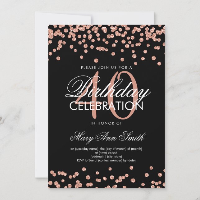 Invitación Rosa Oro 40 cumpleaños Purpurina Confetti Negro (Anverso)