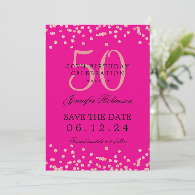Invitación Rosa Oro 50 Cumpleaños Save Date Confetti Hot Pink (Anverso de pie)
