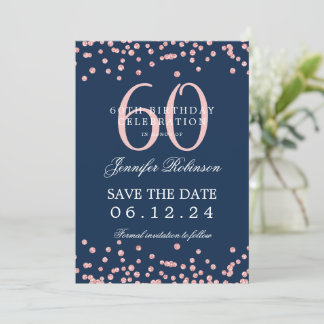 Invitación Rosa Oro 60 cumpleaños Salven la fecha azul de la
