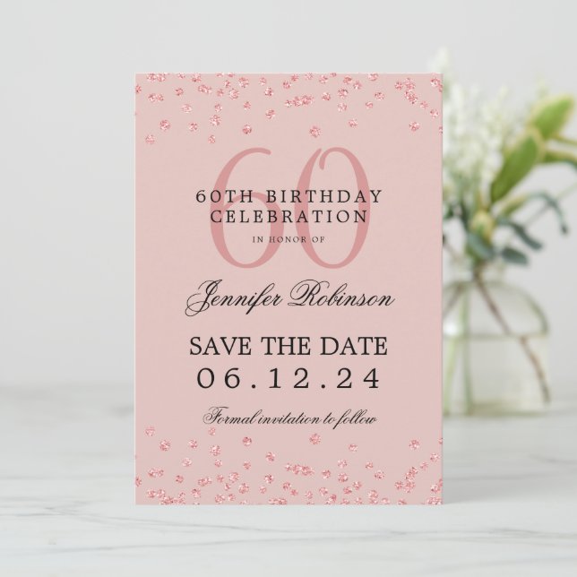 Invitación Rosa Oro 60 cumpleaños Save Date Confetti Rubor (Anverso de pie)