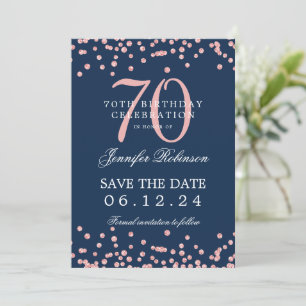 Invitación Rosa Oro 70 Cumpleaños Salvar Fecha Naval Confetti