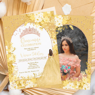 Invitación Rosa oro amarillo floral tiara princesa Quinceaner