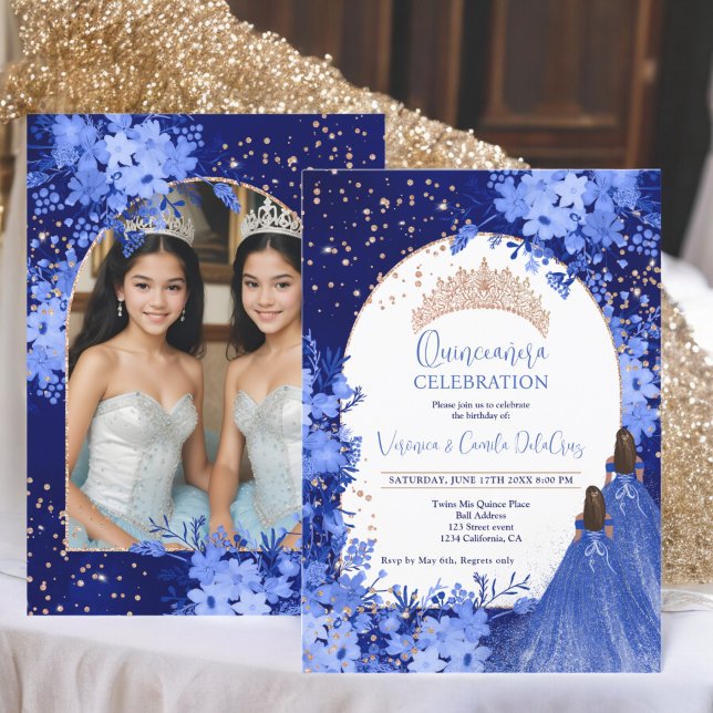 Invitación Rosa oro azul floral princesa gemelos Quinceanera (Rose gold blue floral princess Twins Quinceanera Invitation)