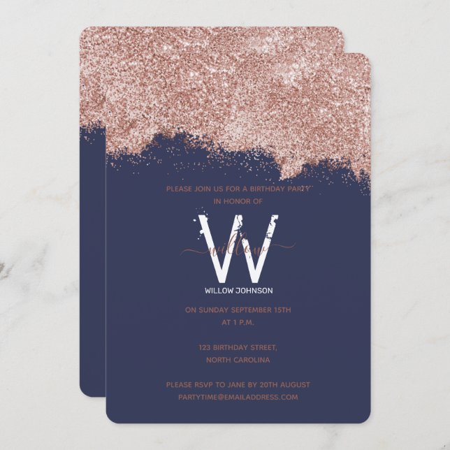 Invitación Rosa Oro Azul Girly Purpurina Cualquier año Cumple (Anverso / Reverso)