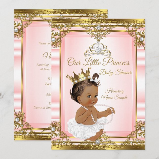 Invitación Rosa Oro Blanco Perla Princesa Baby Shower Oscuro  (Anverso / Reverso)