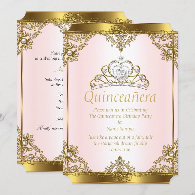 Invitación Rosa Oro Blanco Perla Princesa Quinceañera (Anverso / Reverso)