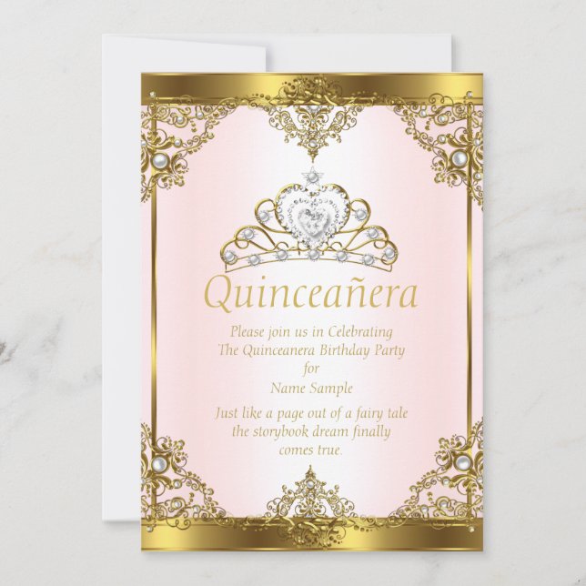 Invitación Rosa Oro Blanco Perla Princesa Quinceañera (Anverso)
