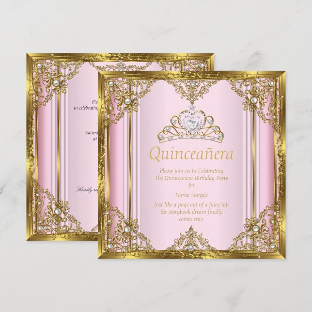 Invitación Rosa Oro Blanco Perla Princesa Quinceañera 3 (Anverso / Reverso)